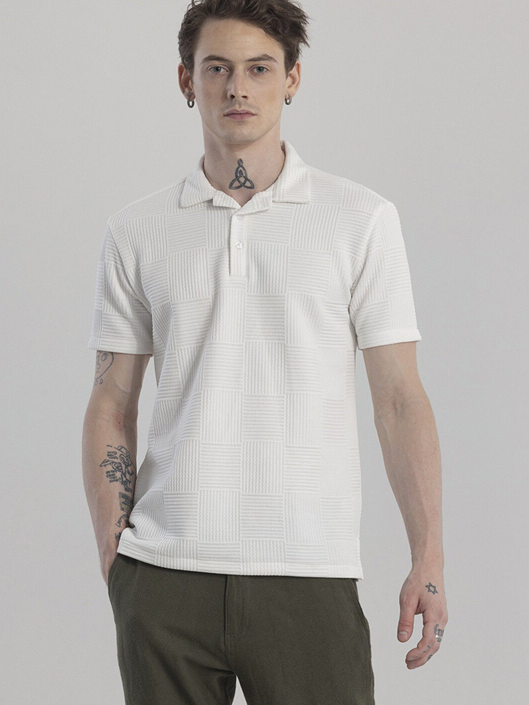 

Snitch White Self Design Polo Collar Oversized T-shirt