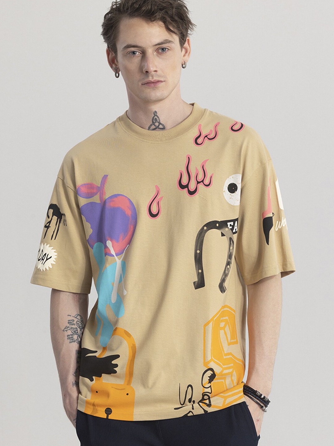 Snitch Beige Abstract Printed Drop-Shoulder Sleeves Oversized T-shirt