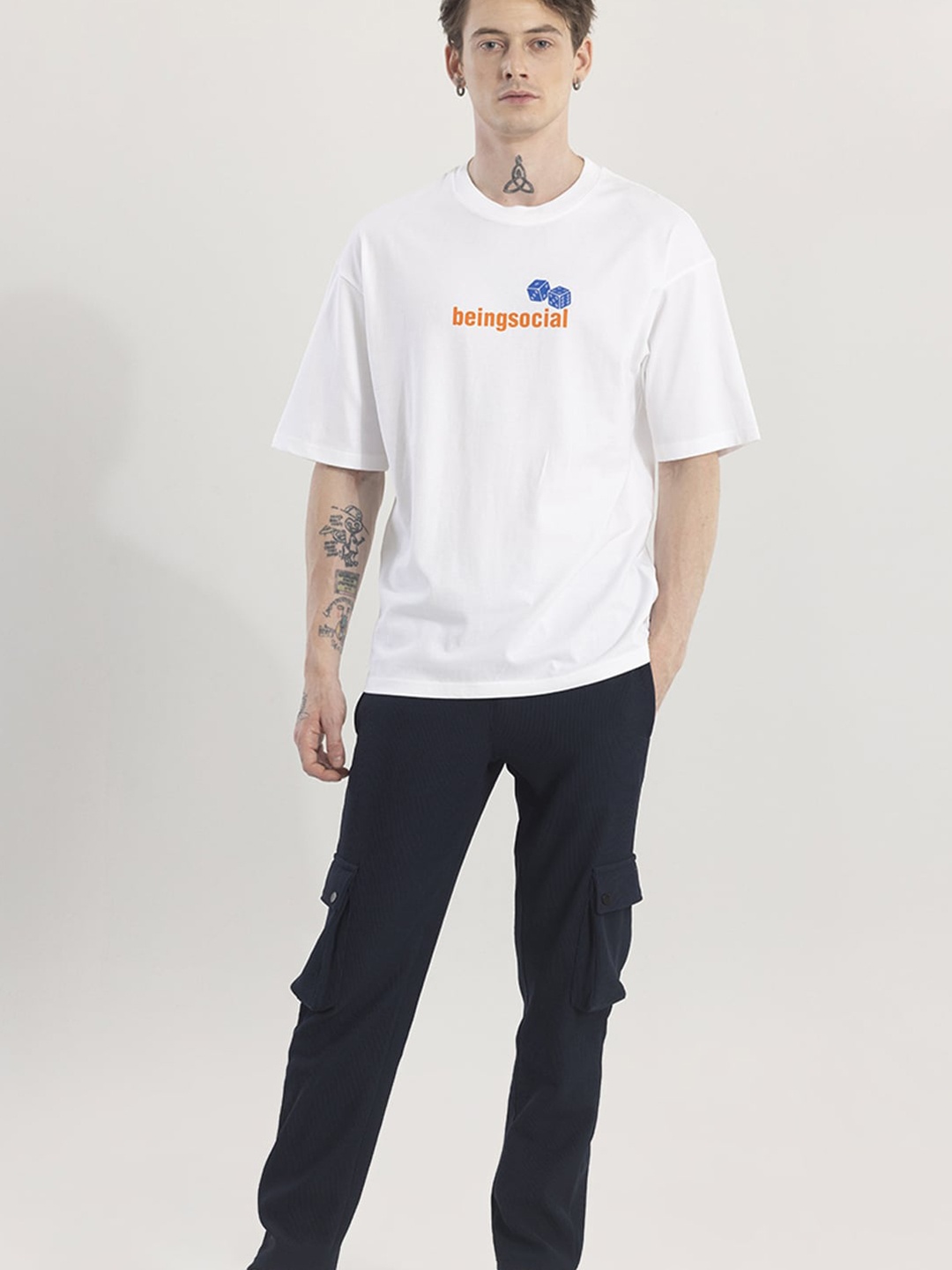 

Snitch White Typography Printed Oversized Cotton T-shirt