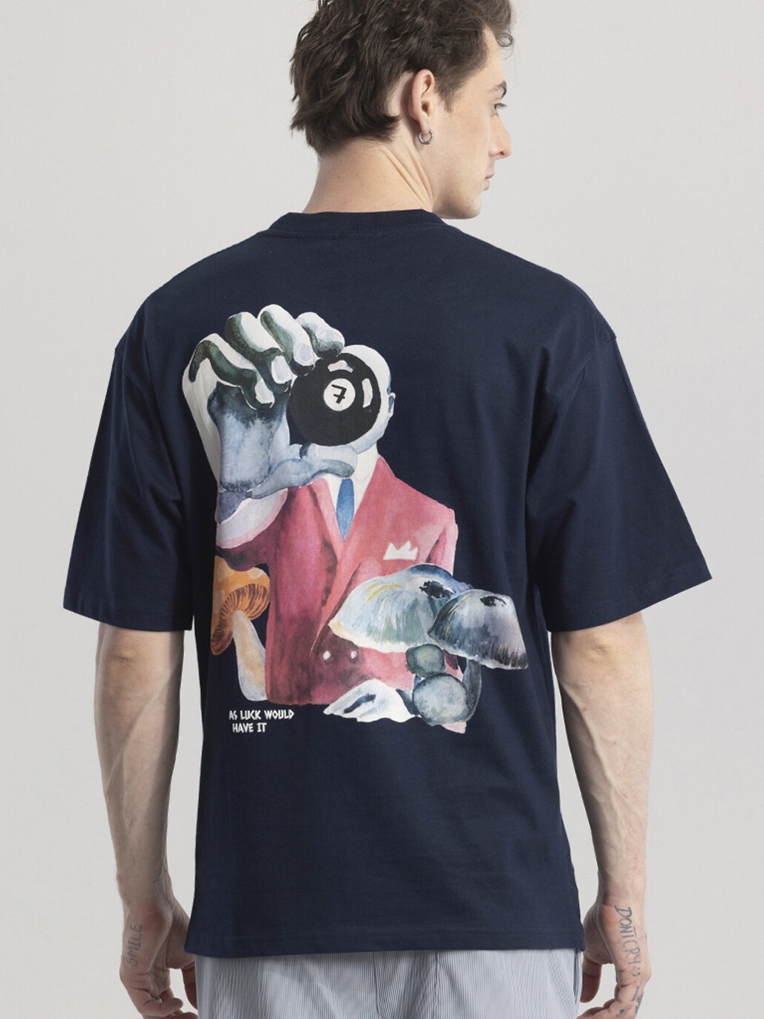 

Snitch Navy Blue Graphic Printed Oversized Cotton T-shirt
