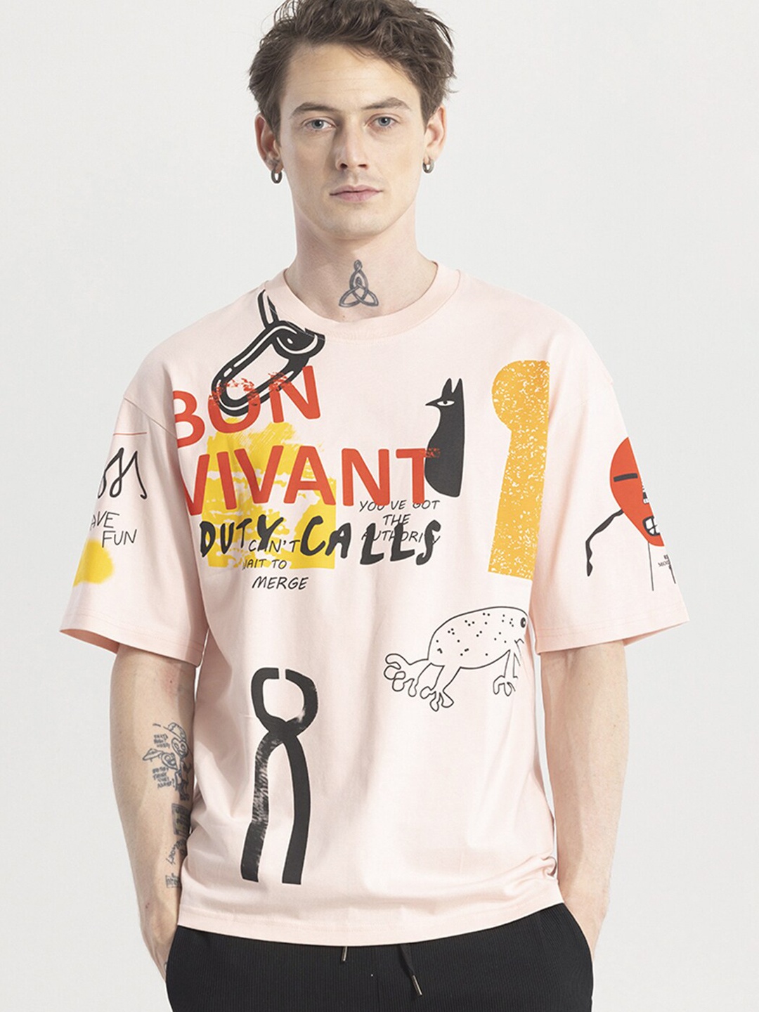 

Snitch Pink Typography Printed Drop-Shoulder Sleeves Cotton Oversized T-shirt