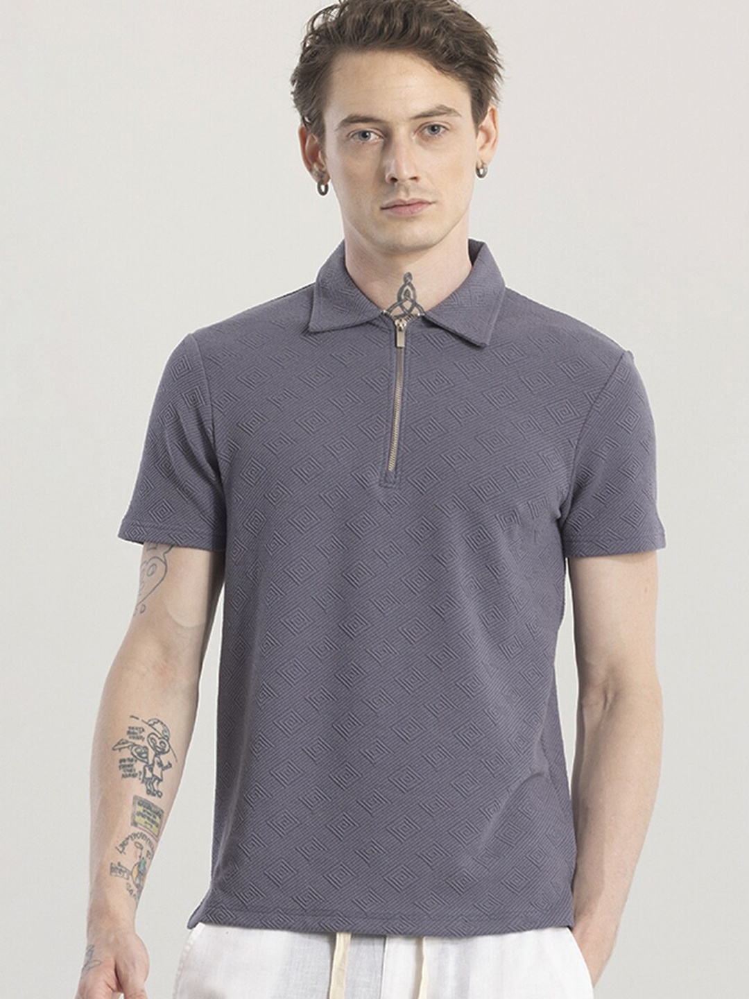 

Snitch Grey Self Design Polo Collar Slim Fit T-shirt