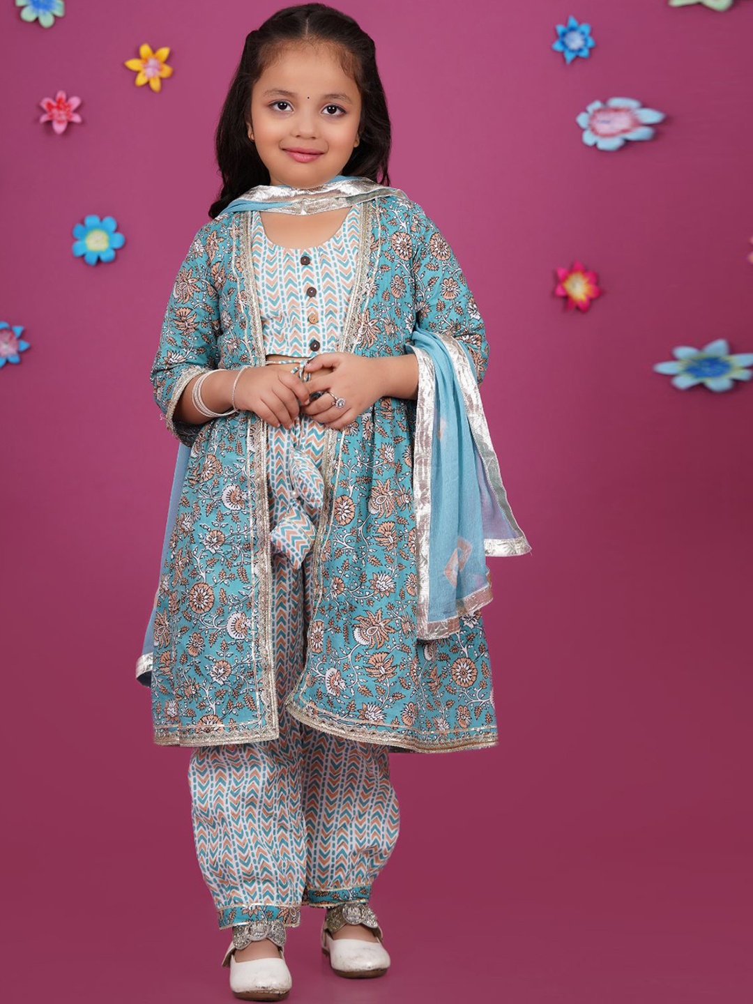 

Stuffie Land Girls Printed Top with Trousers & Shrug & Dupatta, Blue