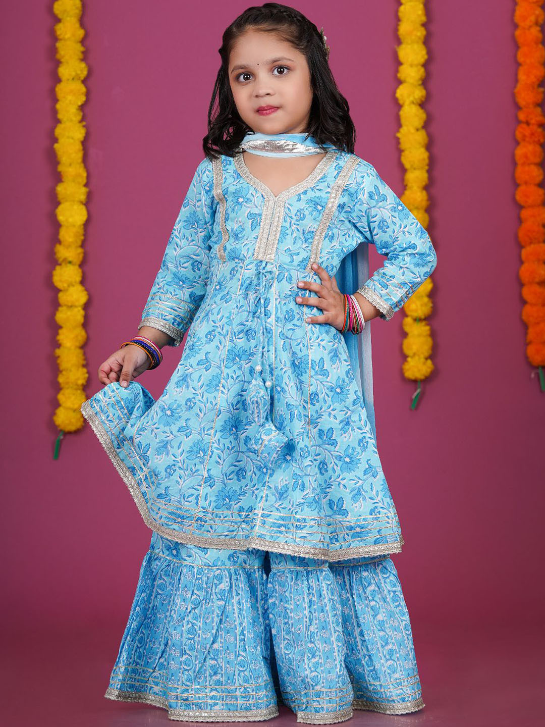

Stuffie Land Girls Printed Gotta Patti Pure Cotton A-Line Kurta With Sharara & Dupatta, Blue