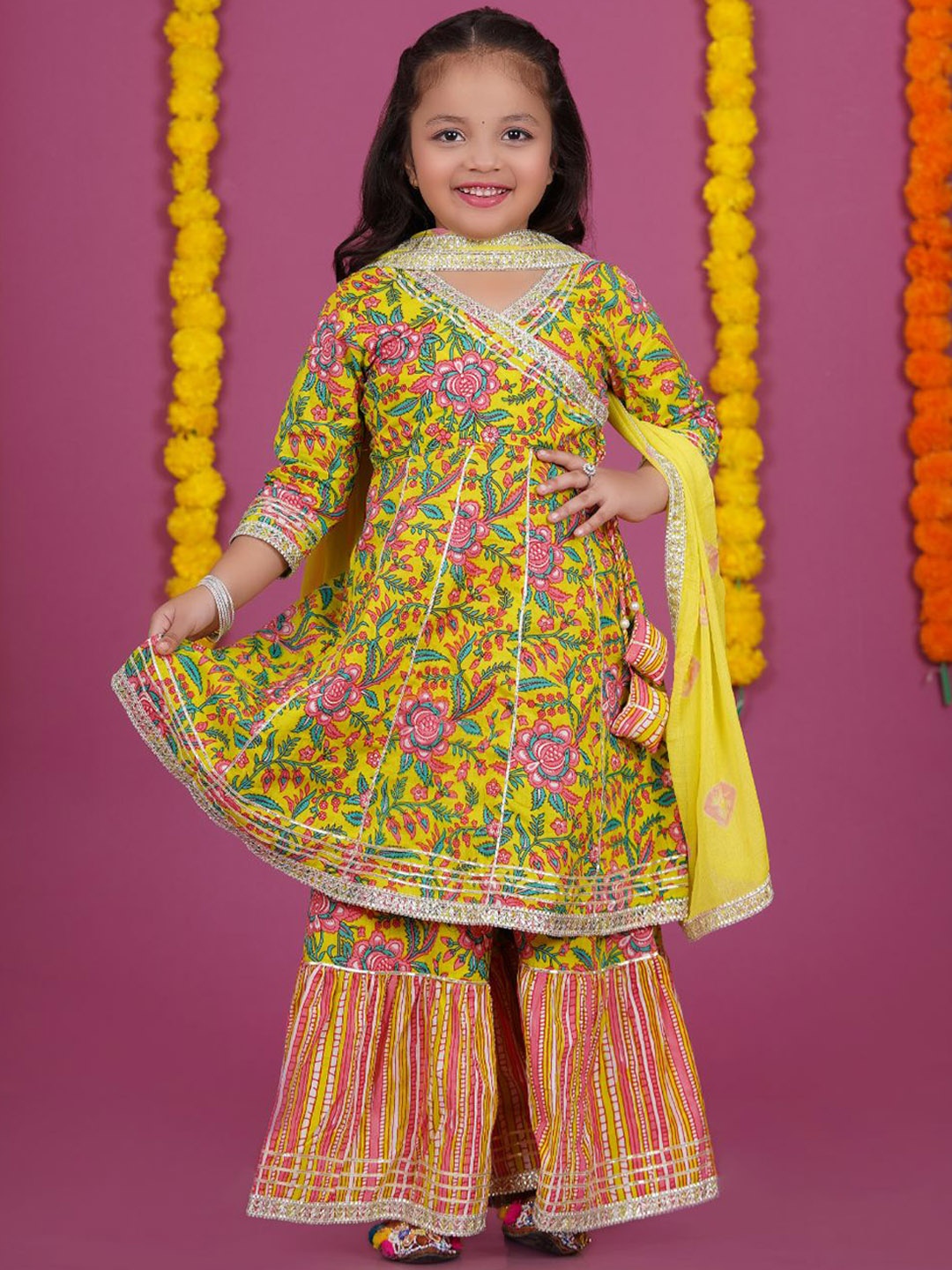 

Stuffie Land Girls Floral Printed Angrakha Cotton Anarkali Kurta & Sharara With Dupatta, Yellow