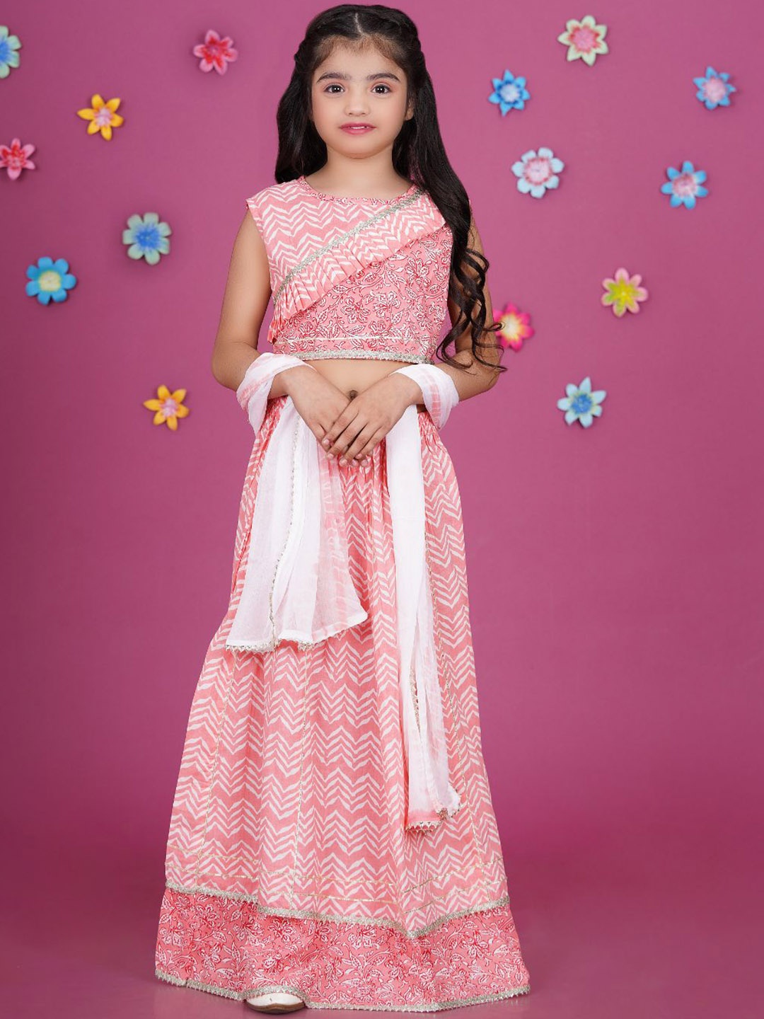 

Stuffie Land Girls Printed Ready to Wear Lehenga & Blouse With Dupatta, Pink