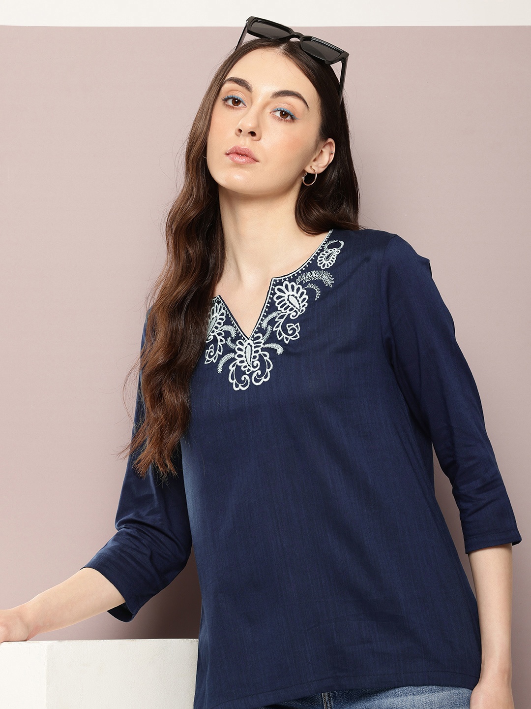 

Kook N Keech Embroidered Longline Top, Navy blue