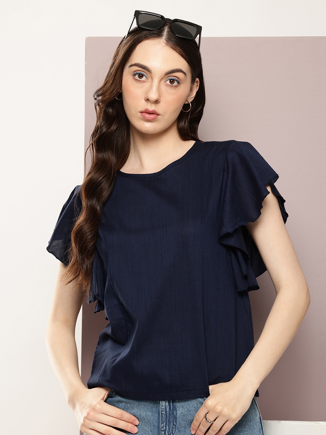 

Kook N Keech Flutter Sleeves Ruffles Top, Navy blue