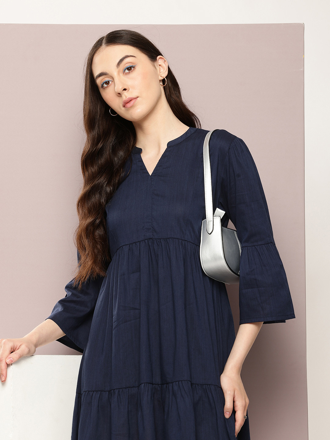

Kook N Keech Bell Sleeves Mandarin Collar Tiered A-Line Dress, Navy blue