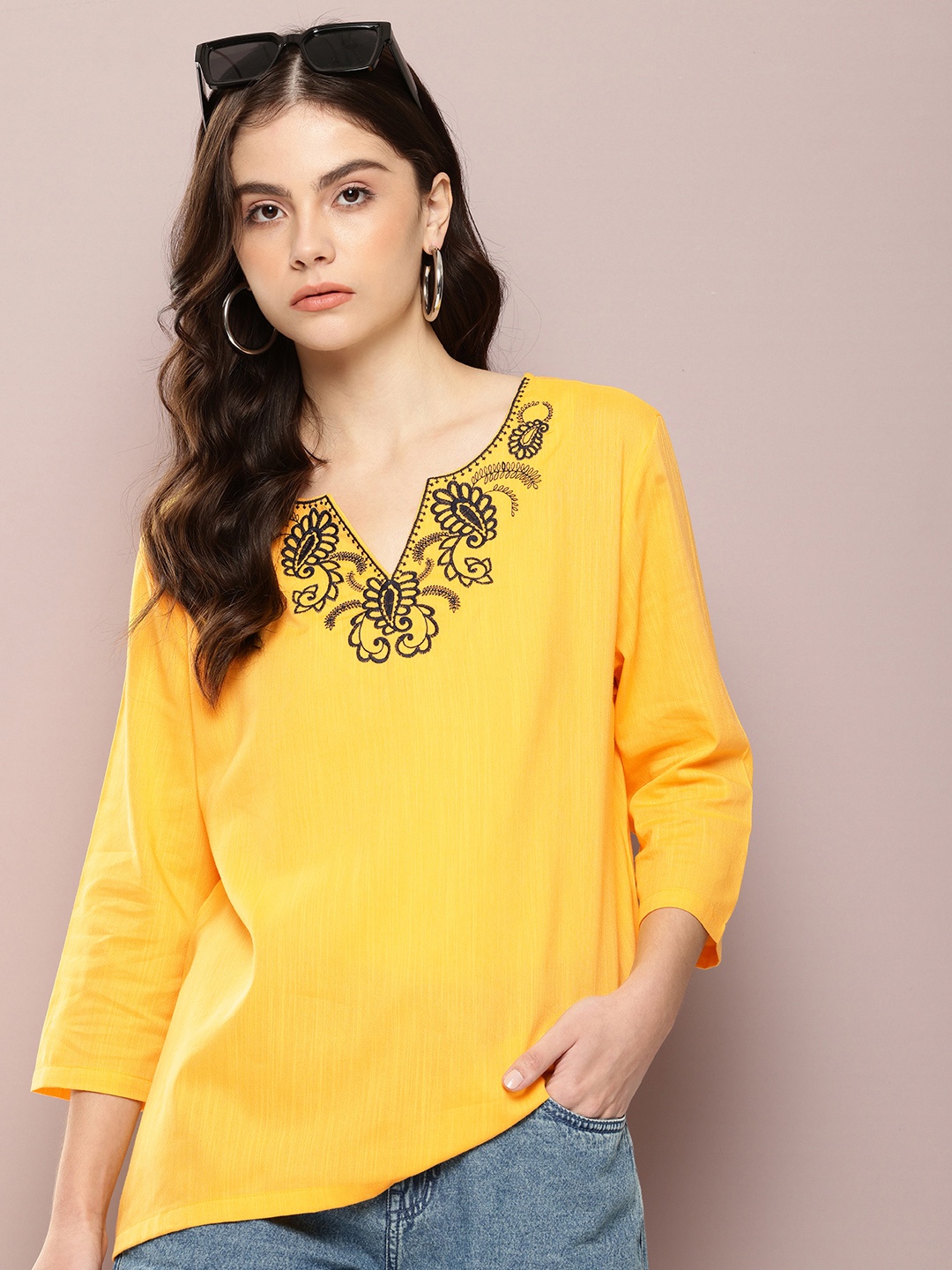 

Kook N Keech Embroidered Longline Top, Yellow