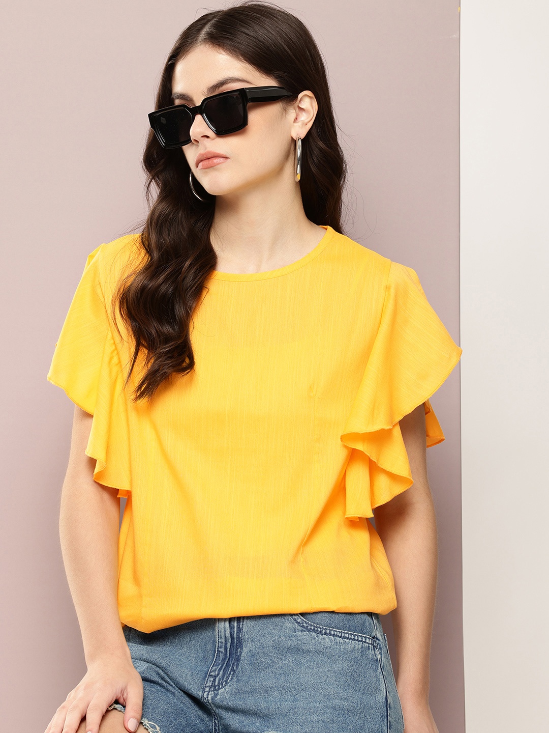 

Kook N Keech Flutter Sleeves Ruffles Cotton Top, Yellow