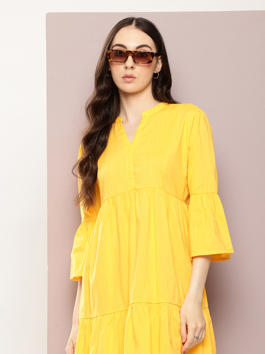 

Kook N Keech Bell Sleeves Mandarin Collar Tiered A-Line Dress, Yellow