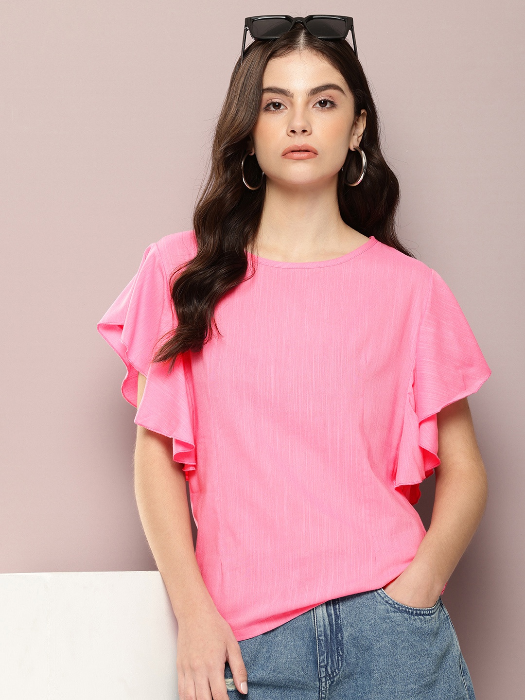 

Kook N Keech Flutter Sleeves Ruffles Top, Pink