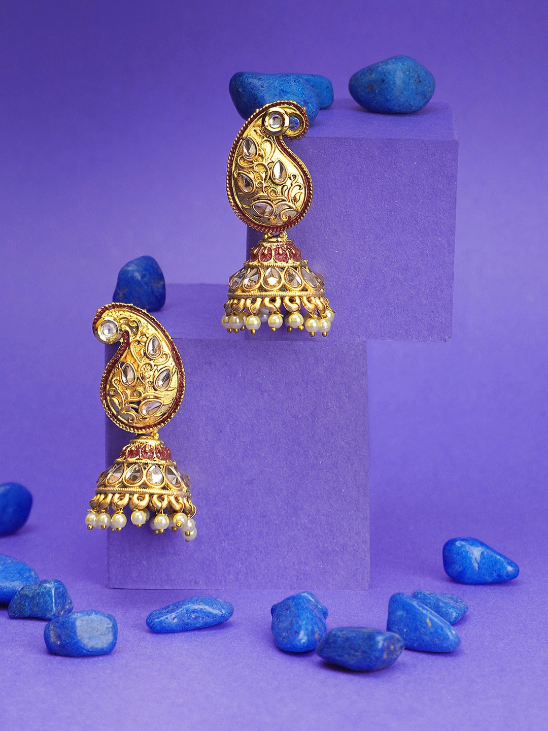 

Adwitiya Collection Gold-Plated Stone-Studded & Beaded Dome Shaped Jhumkas