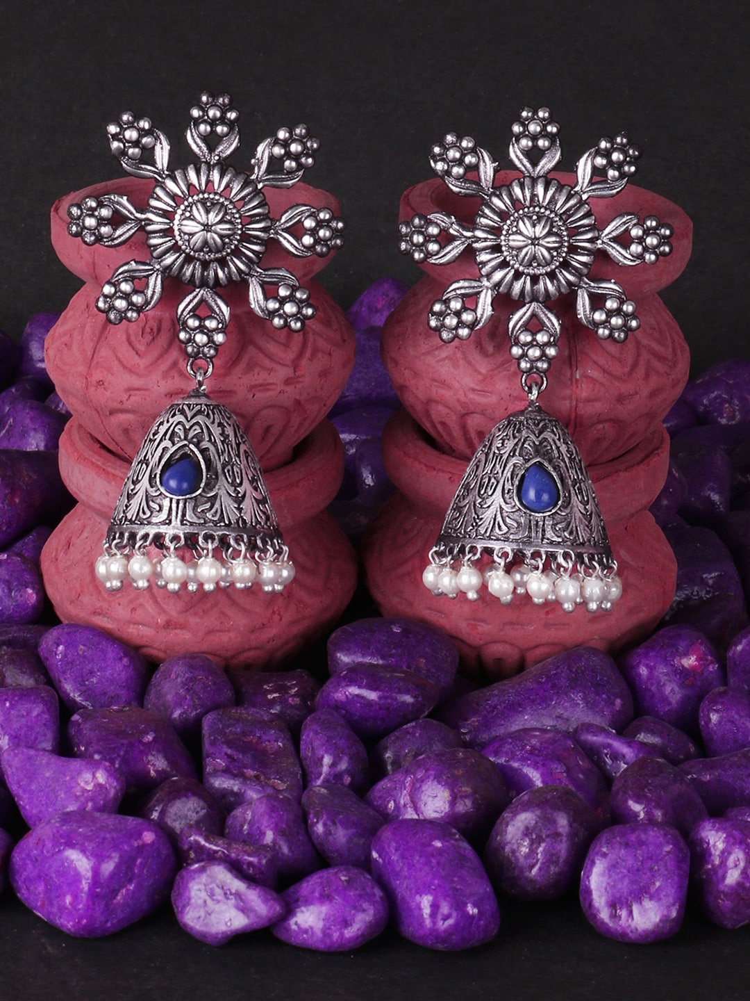 

Adwitiya Collection Silver-Plated Stone-Studded Dome Shaped Jhumkas
