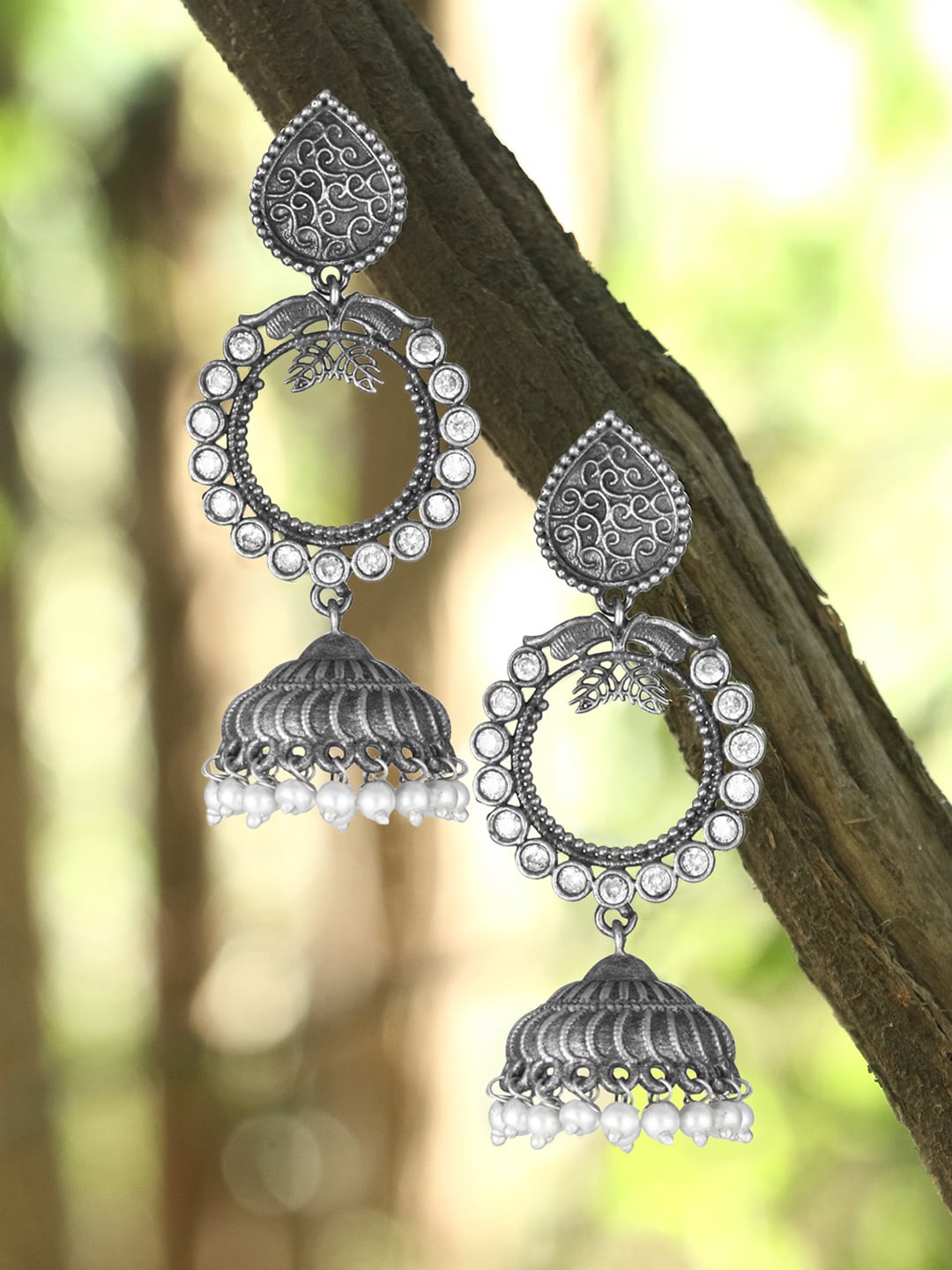 

Adwitiya Collection Silver-Plated Beaded Dome Shaped Oxidised Jhumkas