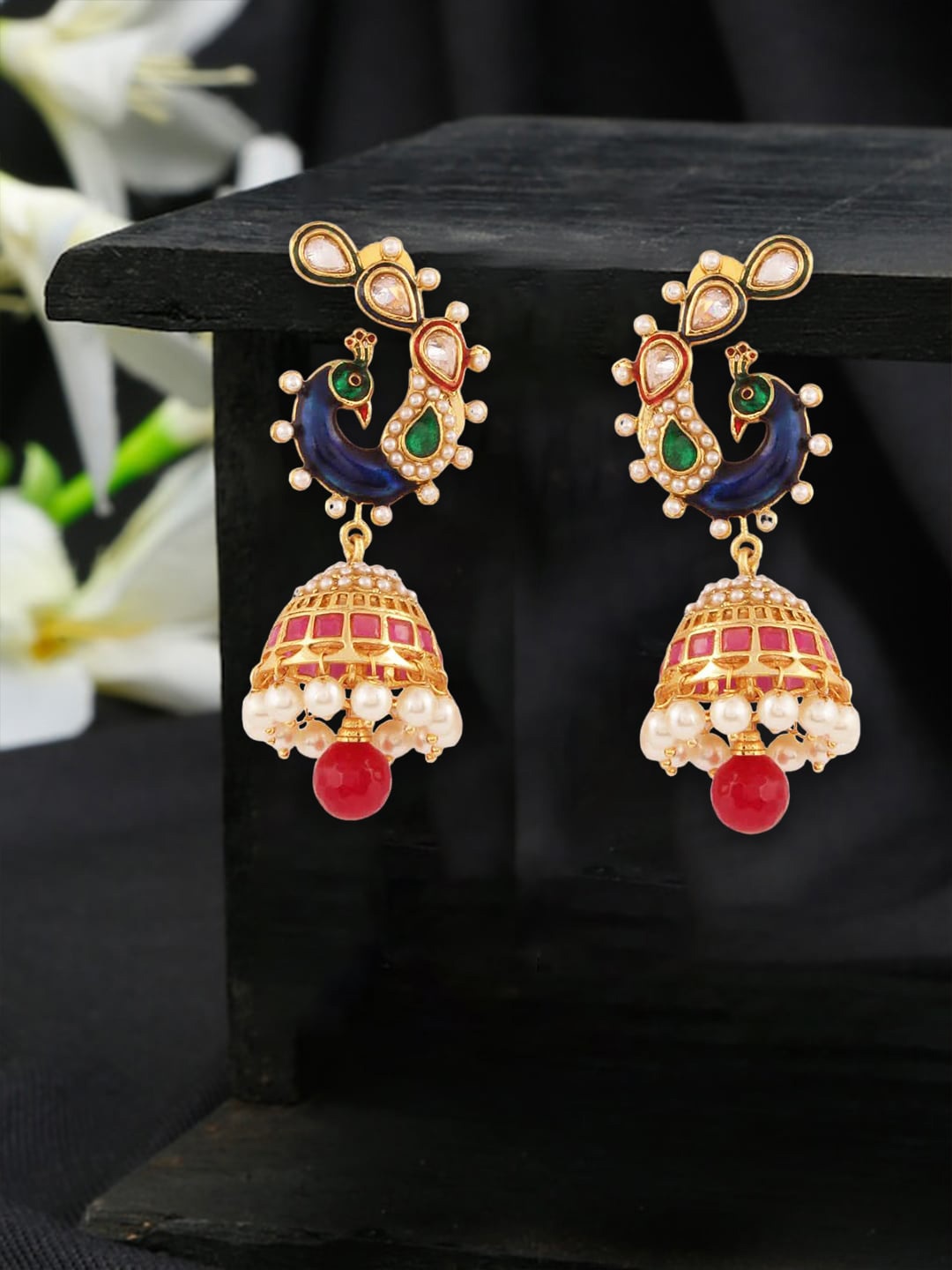 

Adwitiya Collection Gold-Plated Stone-Studded & Beaded Peacock Shaped Jhumkas