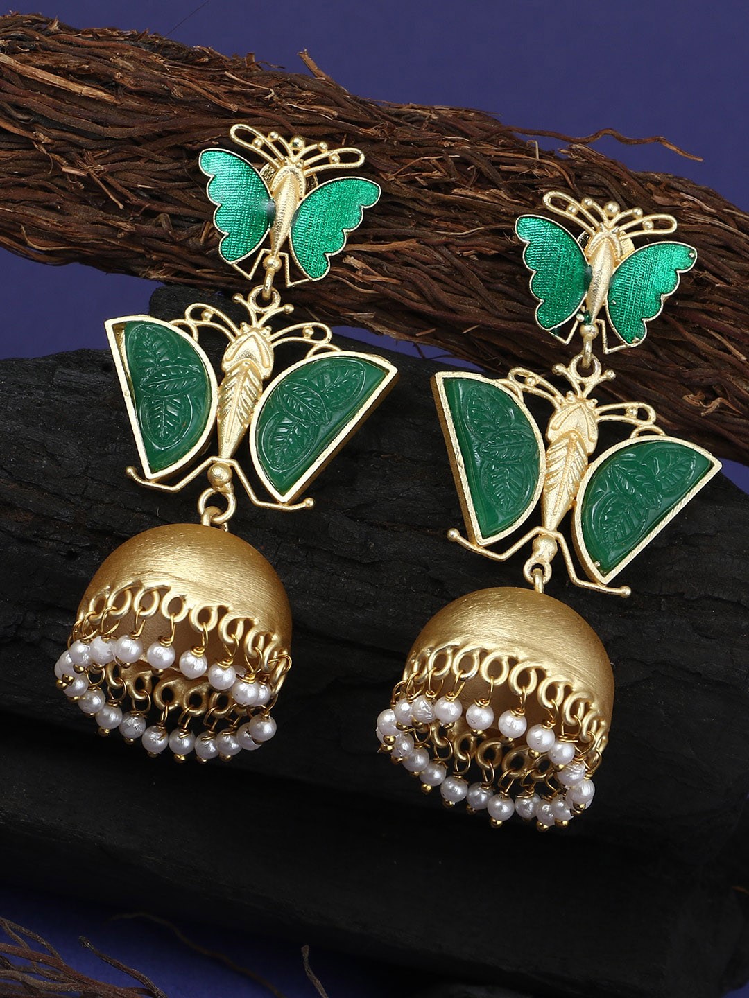 

Adwitiya Collection 24 CT Gold-Plated Beaded Dome Shaped Jhumkas