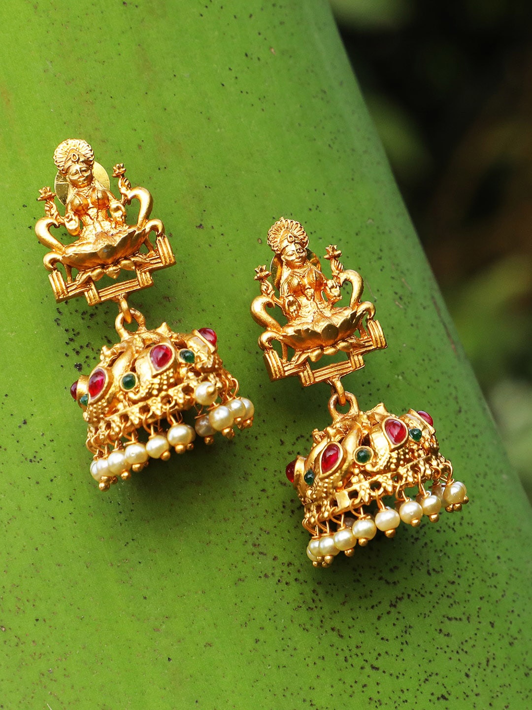 

Adwitiya Collection 24 CT Gold-Plated Stone-Studded & Beaded Temple Dome Shaped Jhumkas