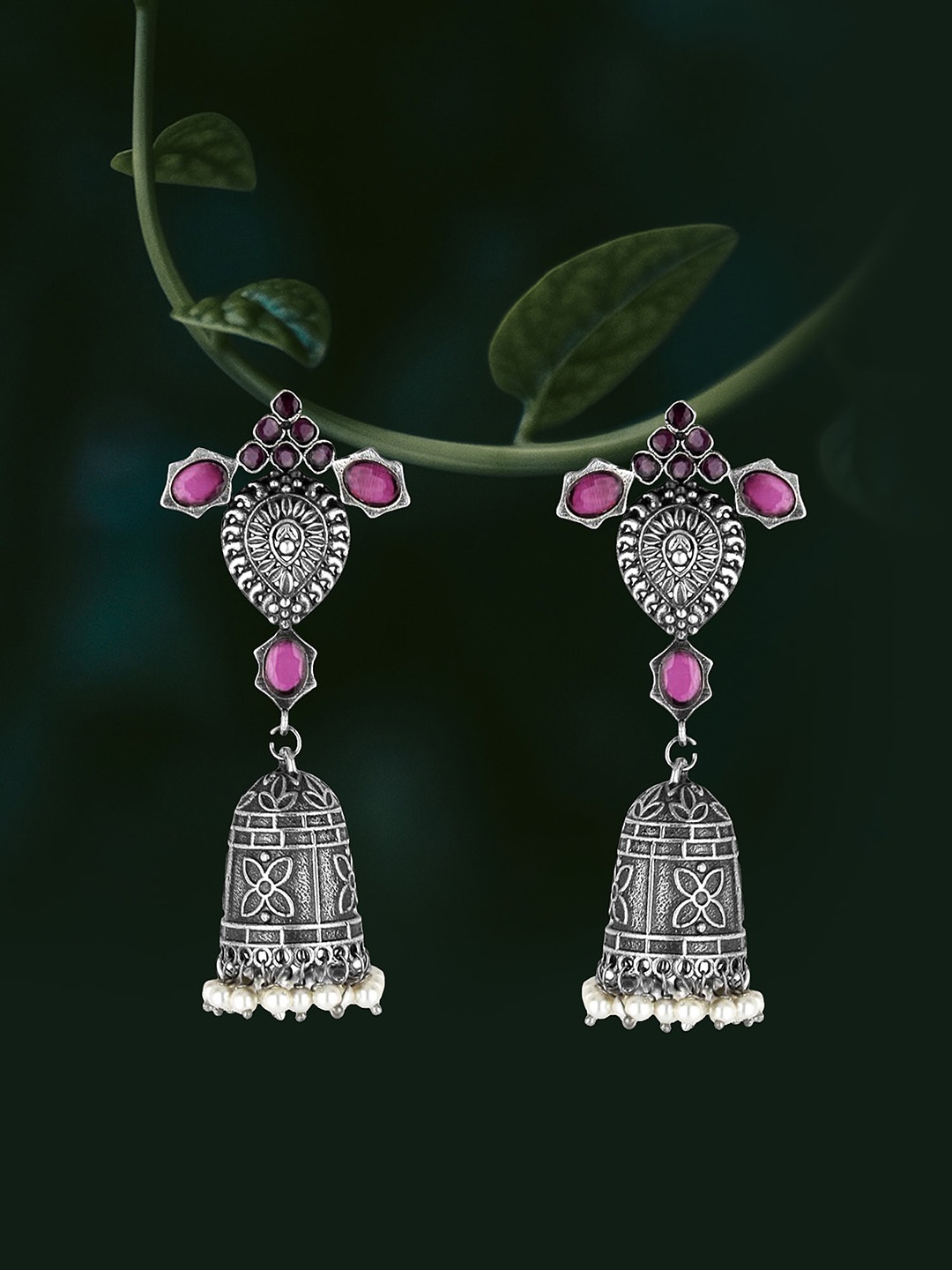 

Adwitiya Collection Silver-Plated Stone-Studded & Beaded Dome Shaped Jhumkas