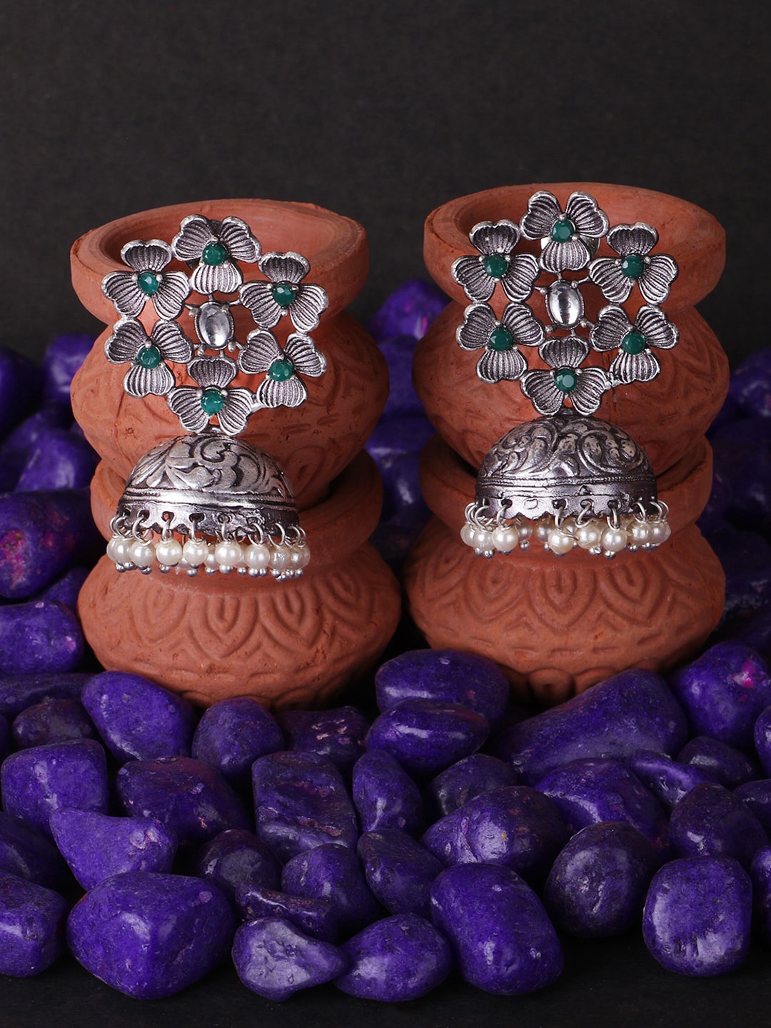 

Adwitiya Collection Silver-Plated Oxidised Dome Shaped Jhumkas