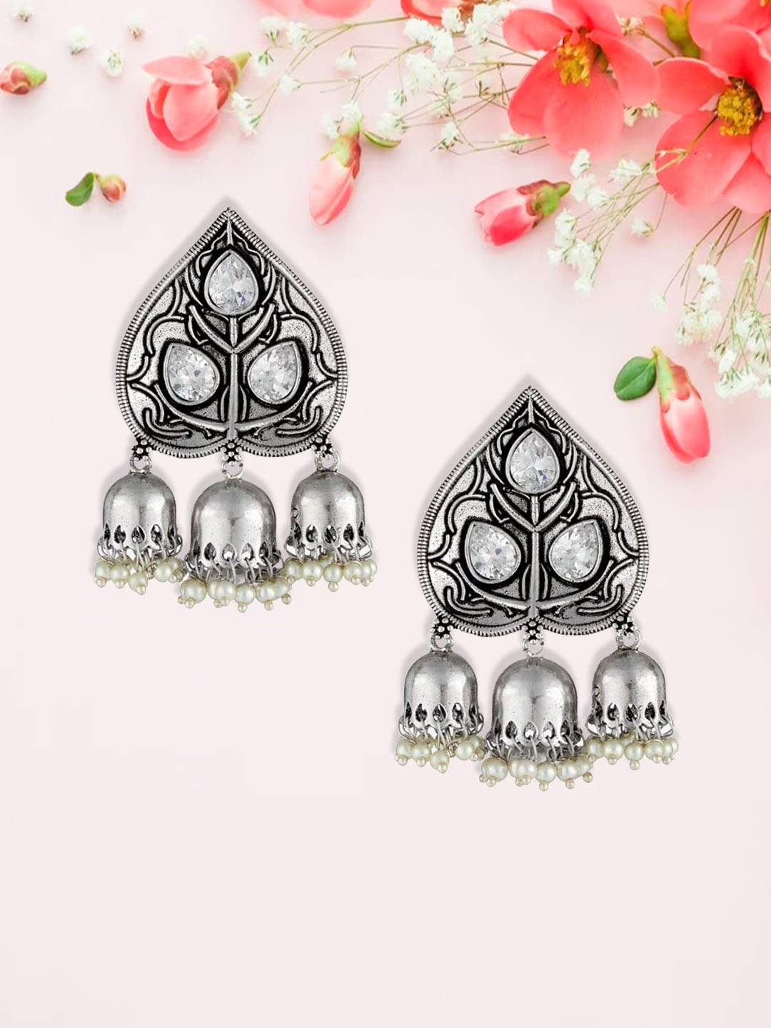 

Adwitiya Collection Silver-Plated Stone-Studded & Beaded Leaf Shaped Drop Earrings