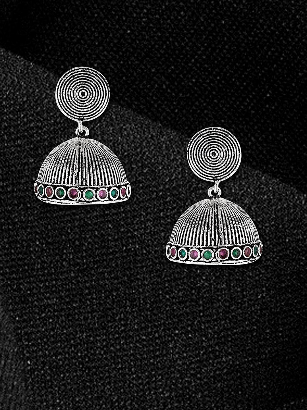 

Adwitiya Collection Silver-Plated Oxidised Dome Shaped Jhumkas