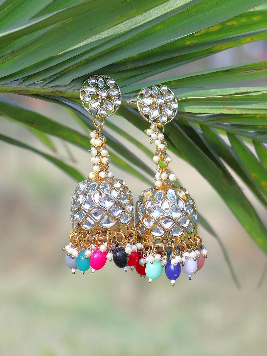

Adwitiya Collection Silver-Plated Artificial Stones Studded Beads Beaded Jhumkas Earrings, Gold