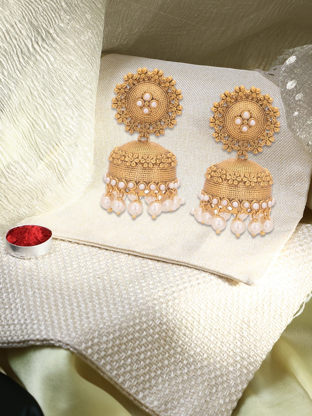 

Adwitiya Collection 24 CT Gold-Plated Beaded Dome Shaped Jhumkas