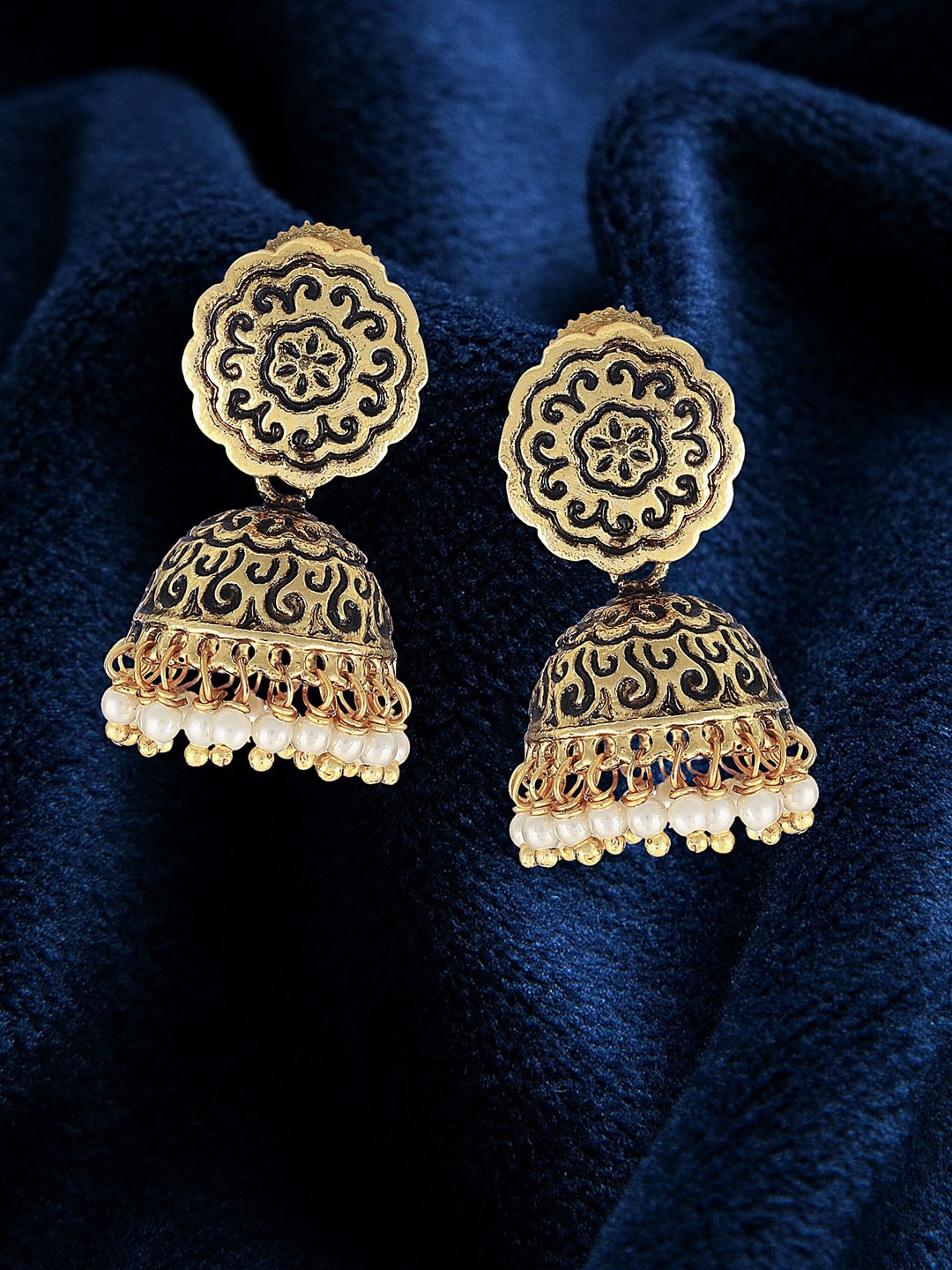 

Adwitiya Collection 24 CT Gold-Plated Beaded Dome Shaped Jhumkas