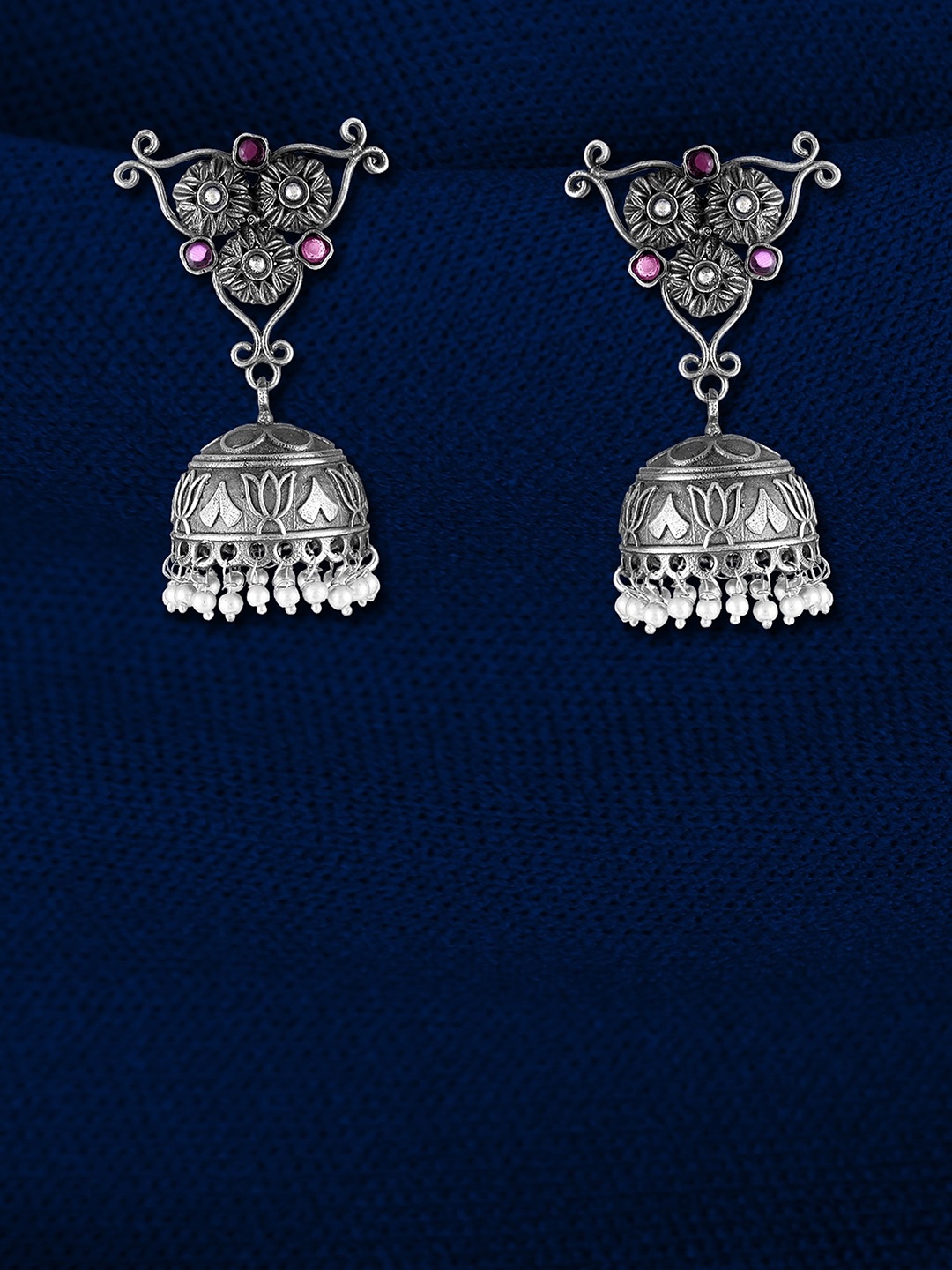 

Adwitiya Collection Silver-Plated Stone-Studded & Beaded Brass Dome Shaped Jhumkas
