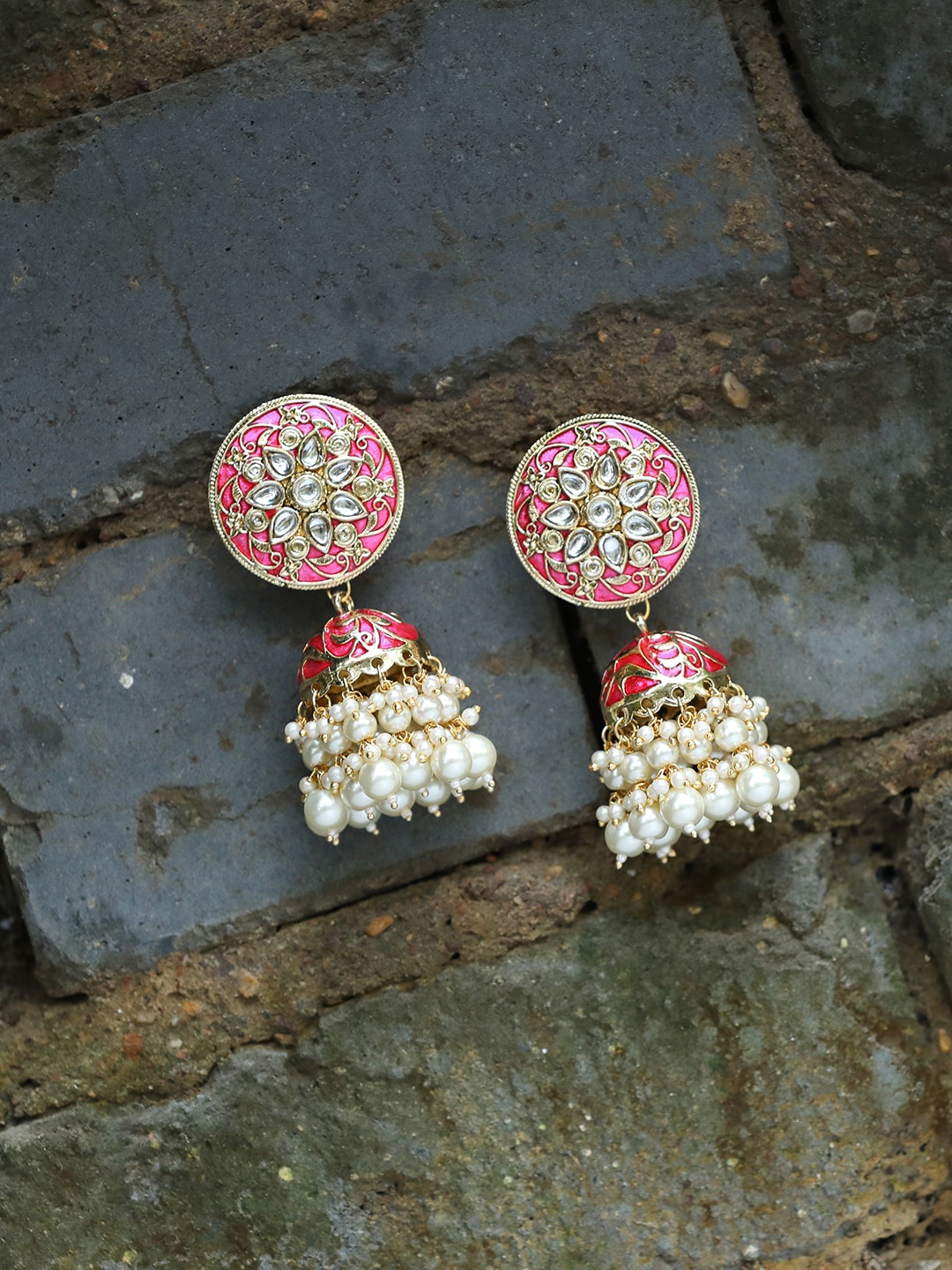 

Adwitiya Collection Gold Plated Stone Studded & Beaded Dome Shaped Jhumkas