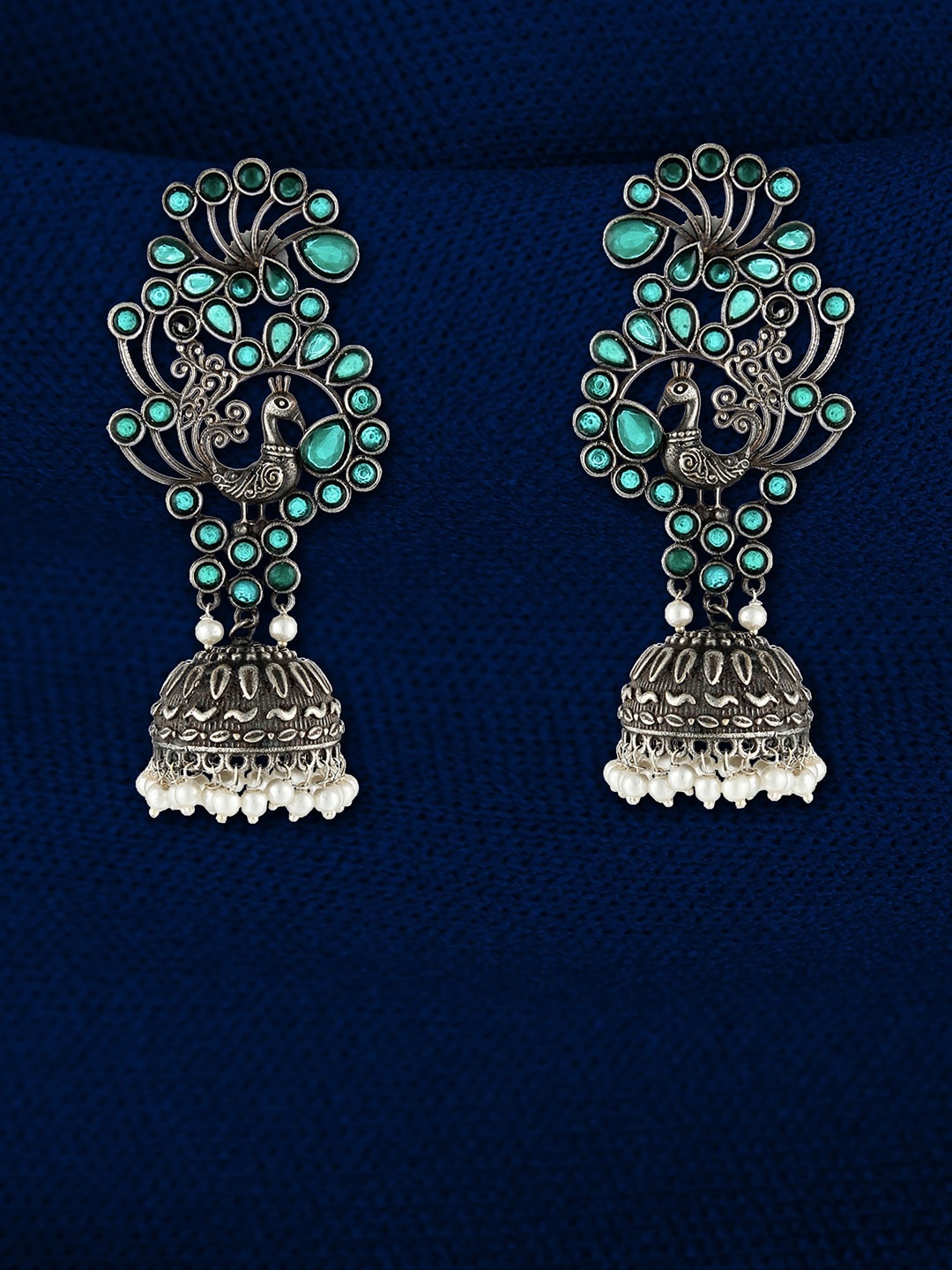 

Adwitiya Collection Silver-Plated Stone-Studded & Beaded Brass Dome Shaped Jhumkas