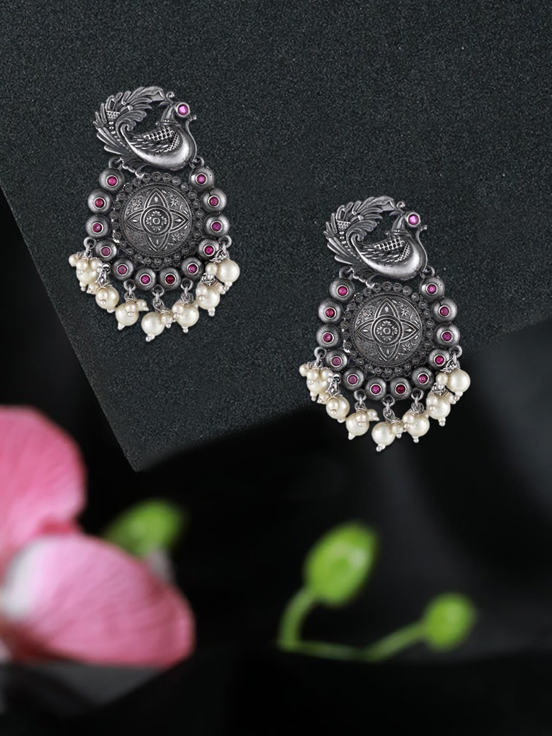 

Adwitiya Collection Silver-Plated Stone-Studded & Beaded Classic Chandbalis
