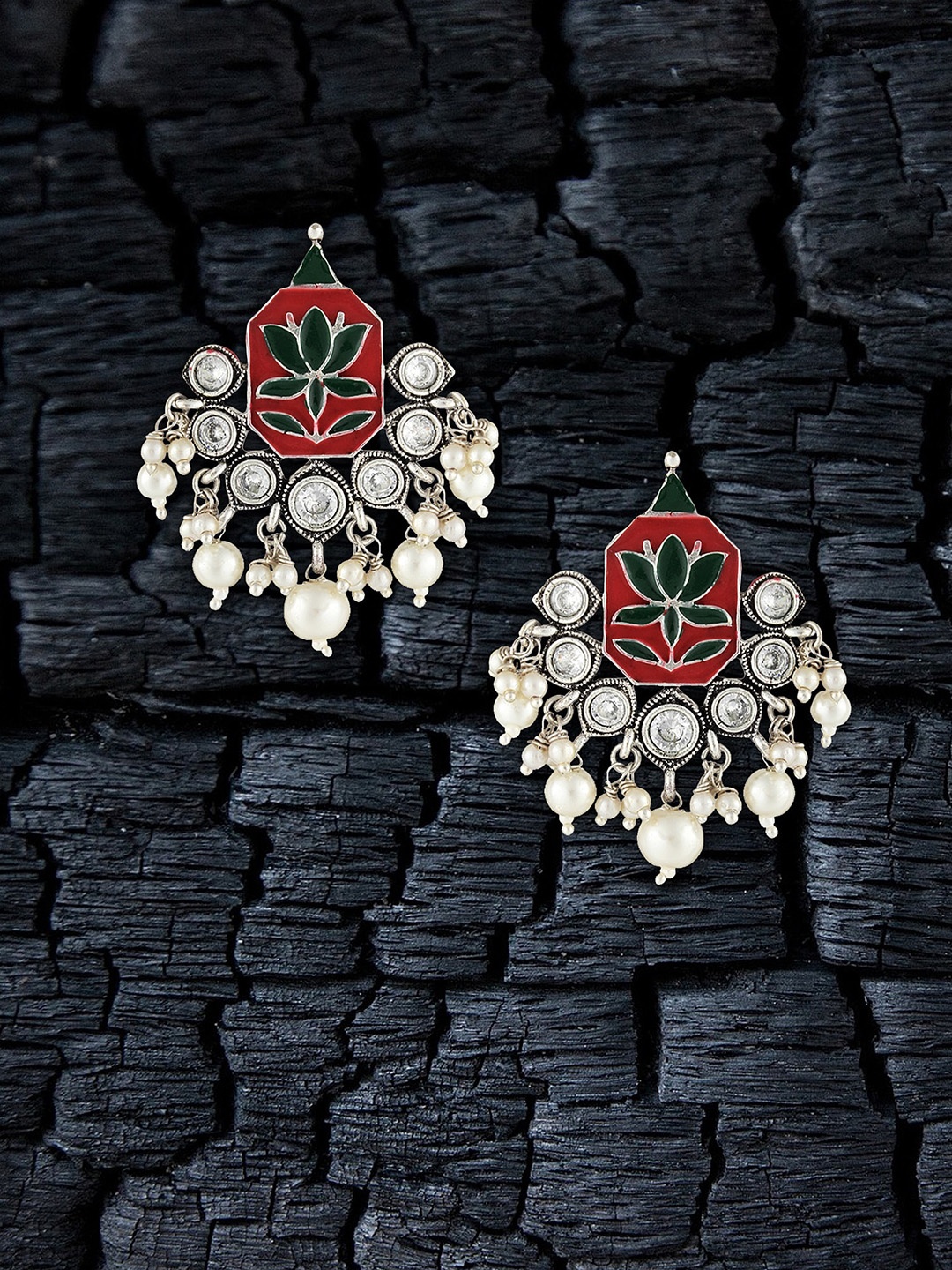 

Adwitiya Collection Silver-Plated Stone-Studded & Beaded Classic Drop Earrings