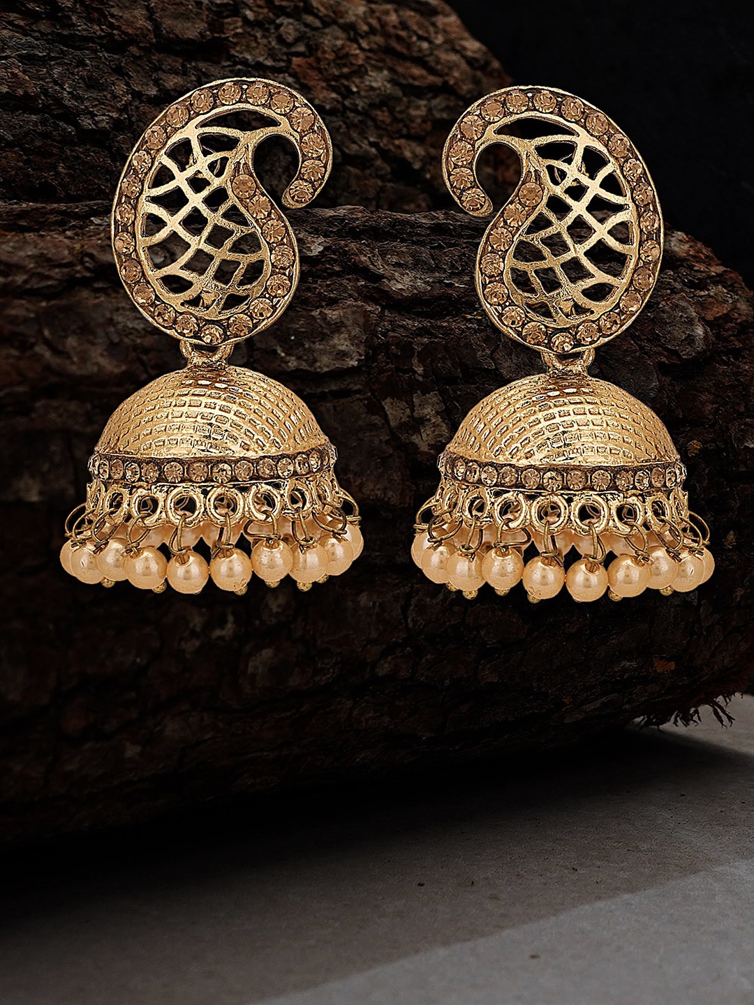 

Adwitiya Collection 24 CT Gold-Plated Stone-Studded & Beaded Antique Dome Shaped Jhumkas