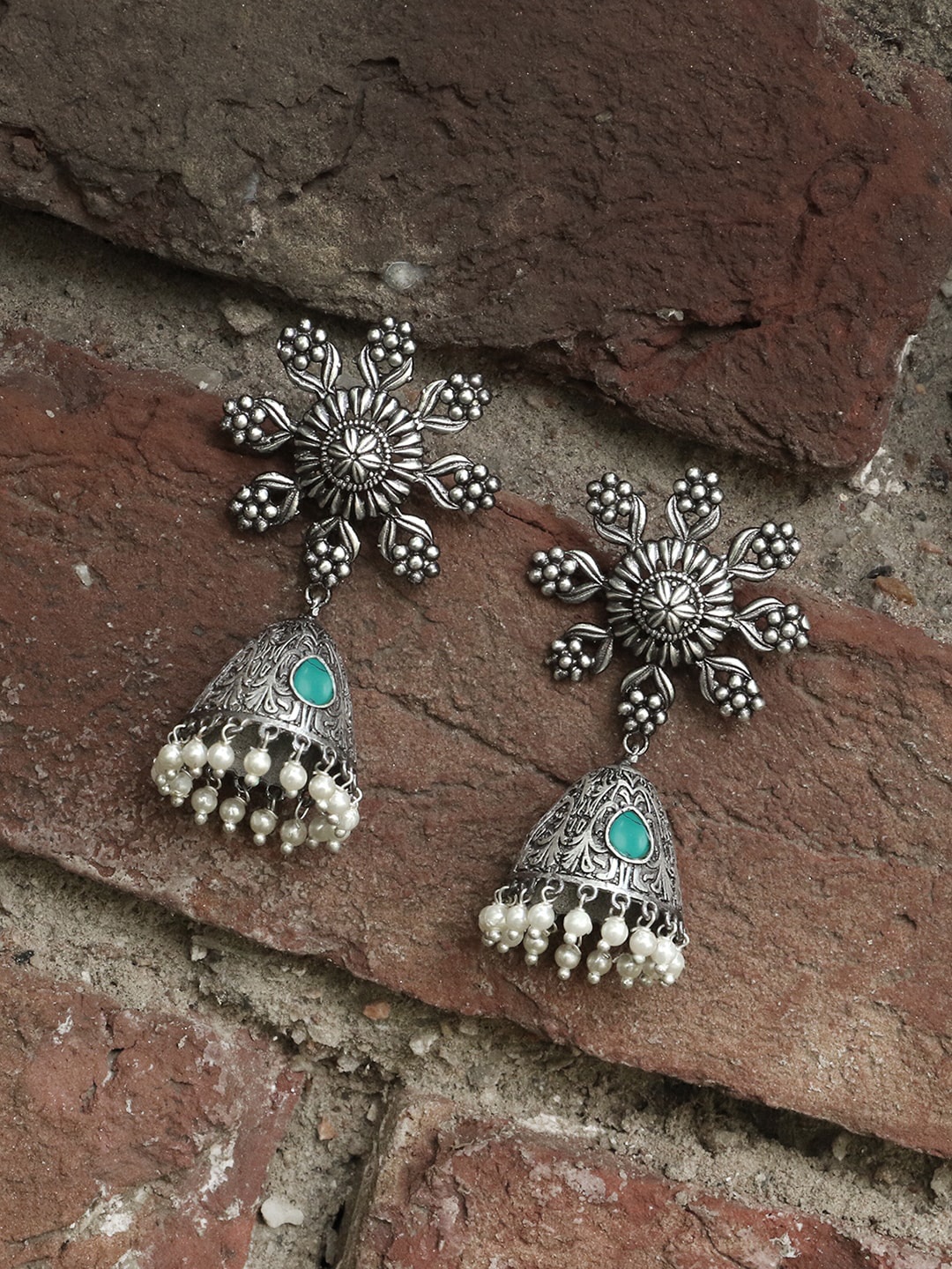 

Adwitiya Collection Silver-Plated Stone-Studded & Beaded Oxidised Dome Shaped Jhumkas