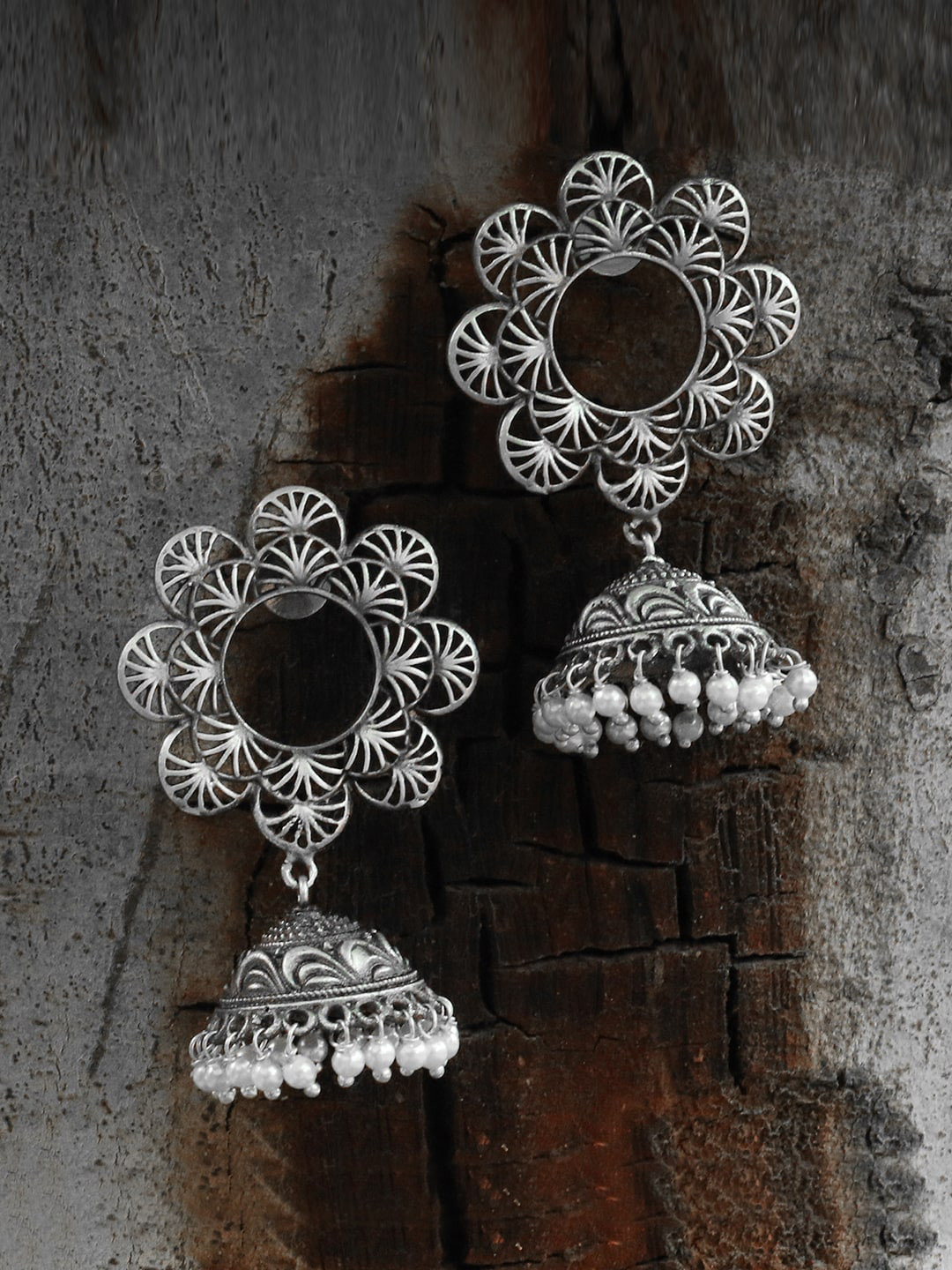 

Adwitiya Collection Silver-Plated Beaded Dome Shaped Oxidised Jhumkas