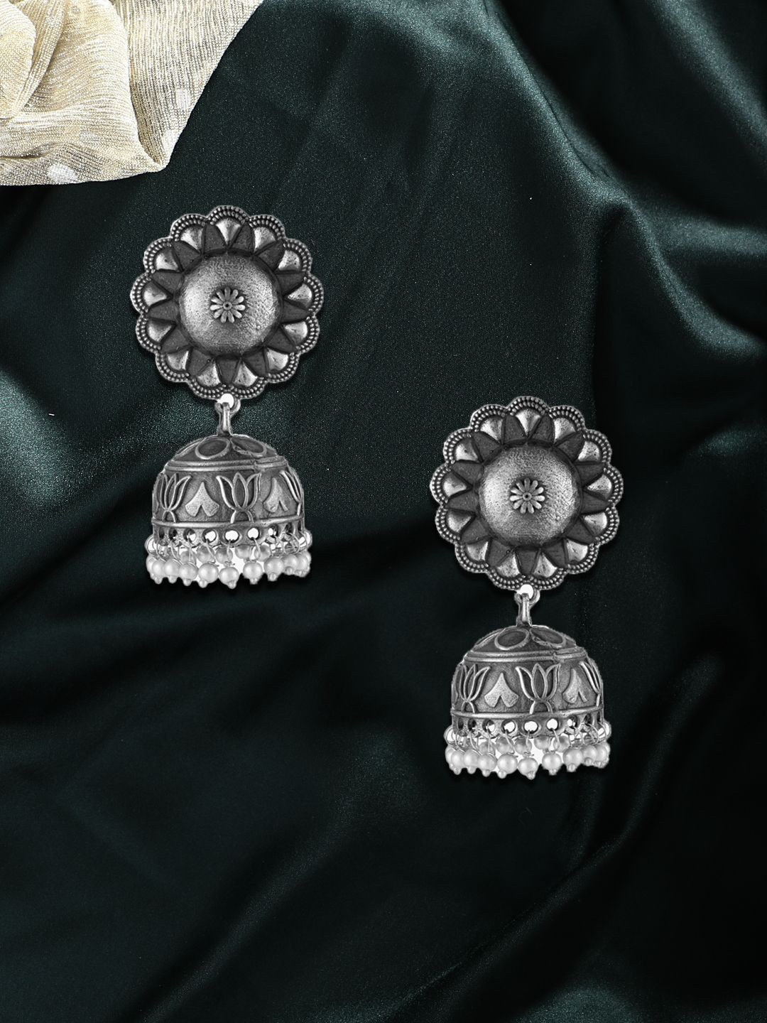 

Adwitiya Collection Silver-Plated Beaded Dome Shaped Oxidised Jhumkas