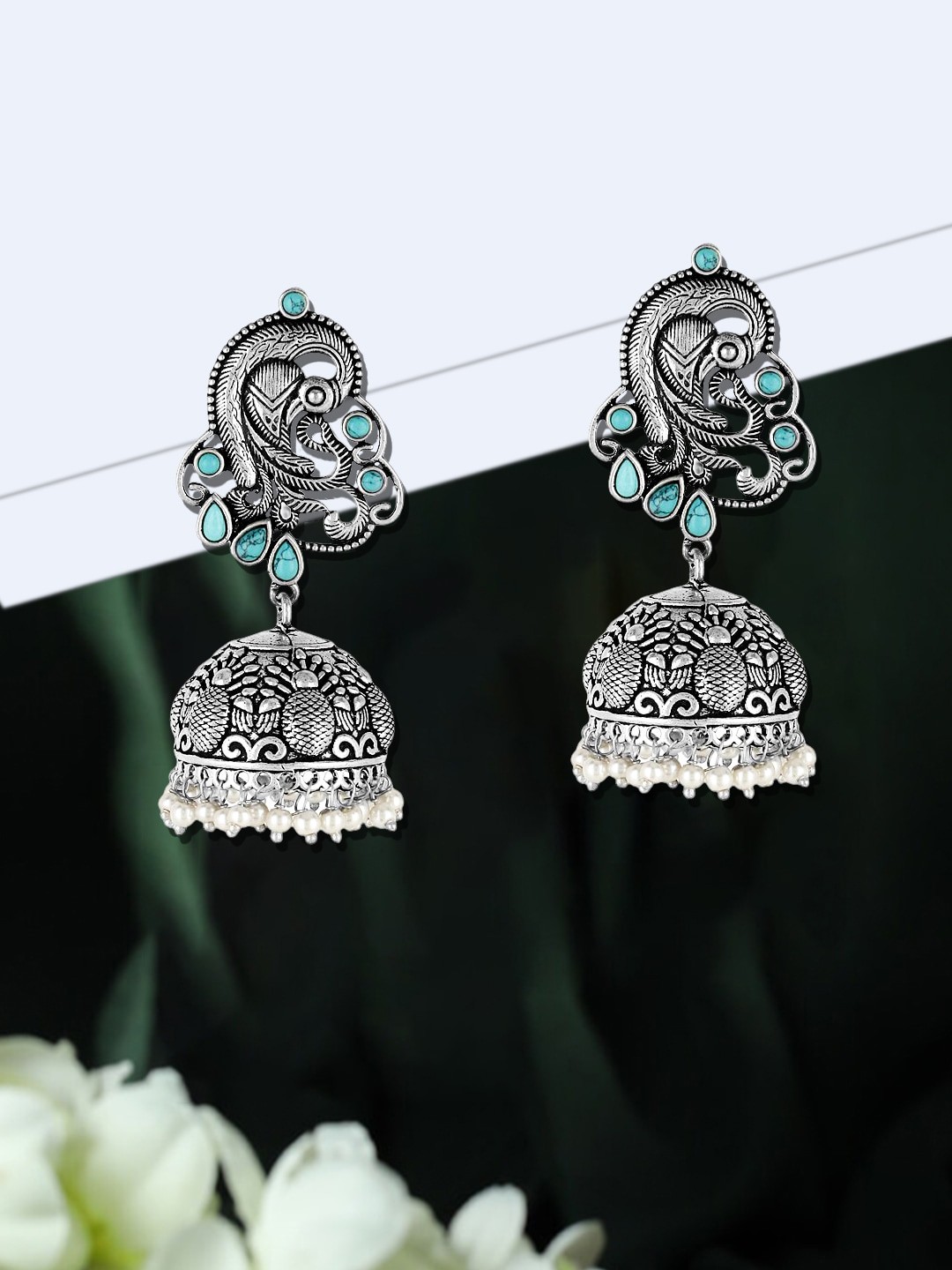 

Adwitiya Collection Silver-Plated Stone-Studded & Beaded Brass Dome Shaped Jhumkas