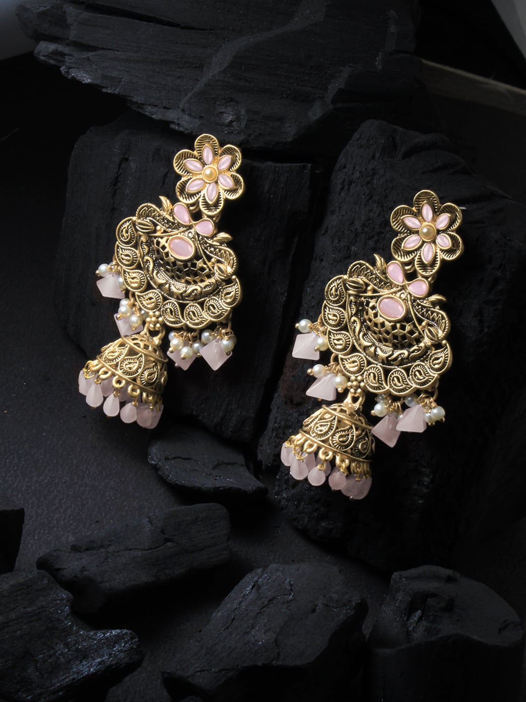

Adwitiya Collection Gold-Plated Stone-Studded & Beaded Antique Dome Shaped Jhumkas