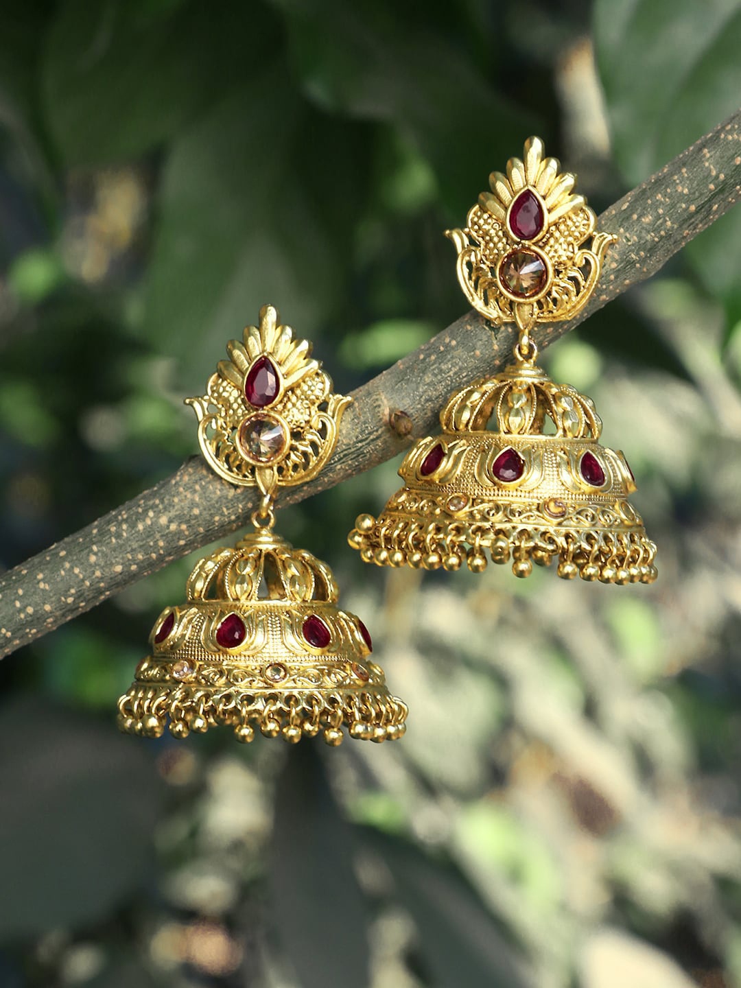 

Adwitiya Collection 24 CT Gold-Plated Stone Studded Dome Shaped Jhumkas
