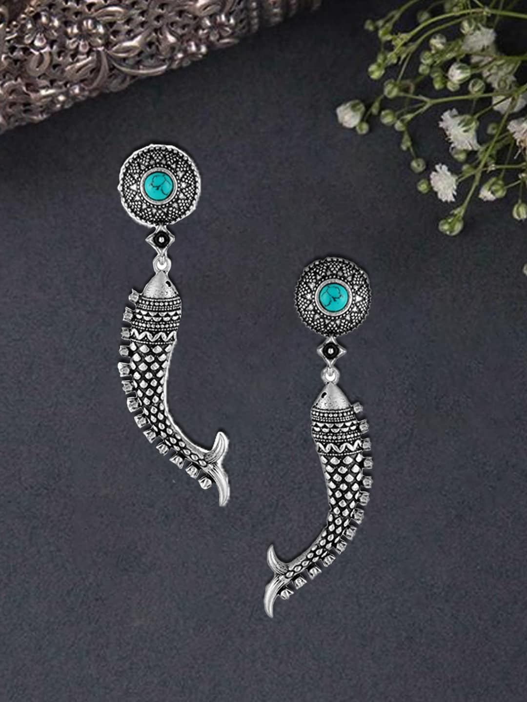 

Adwitiya Collection Silver-Plated Stone-Studded Brass Animal Shaped Oxidised Drop Earrings