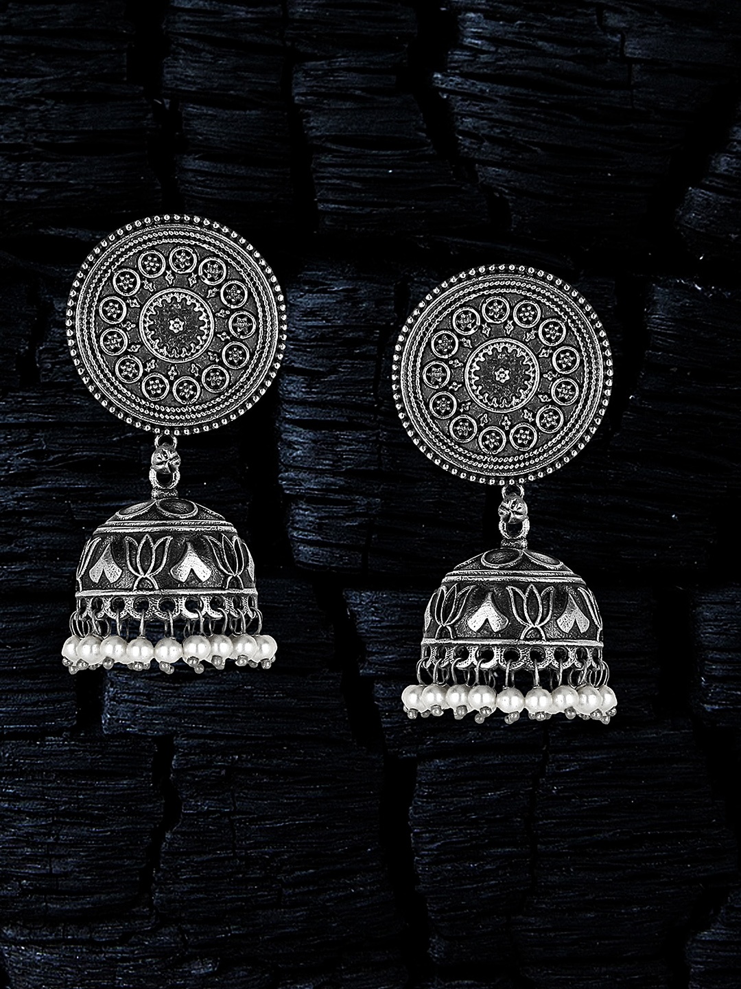 

Adwitiya Collection Silver-Plated Oxidised Jhumkas