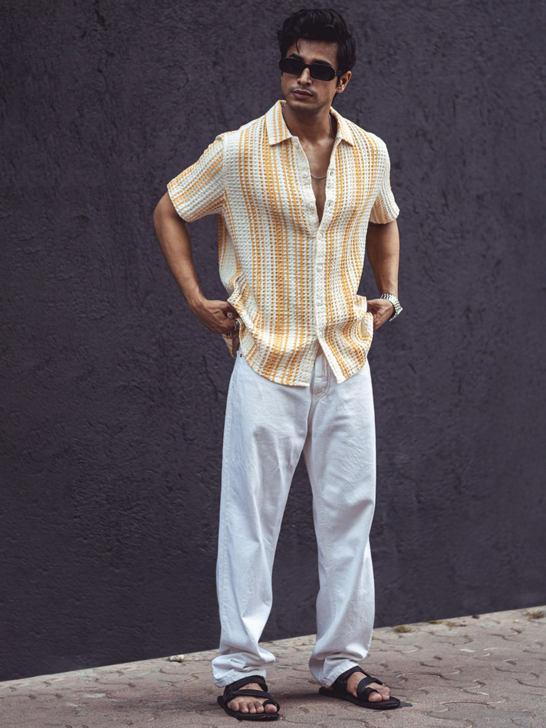 

Powerlook India Slim Self Design Semi Sheer Crochet Shirt, Yellow