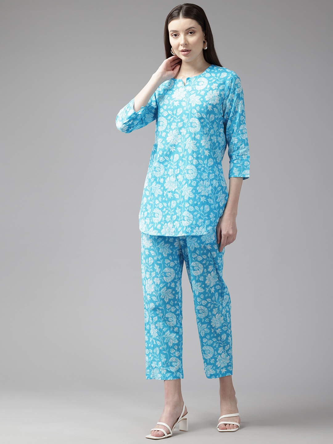 

Cayman Floral Printed Pure Cotton Co-Ords, Blue