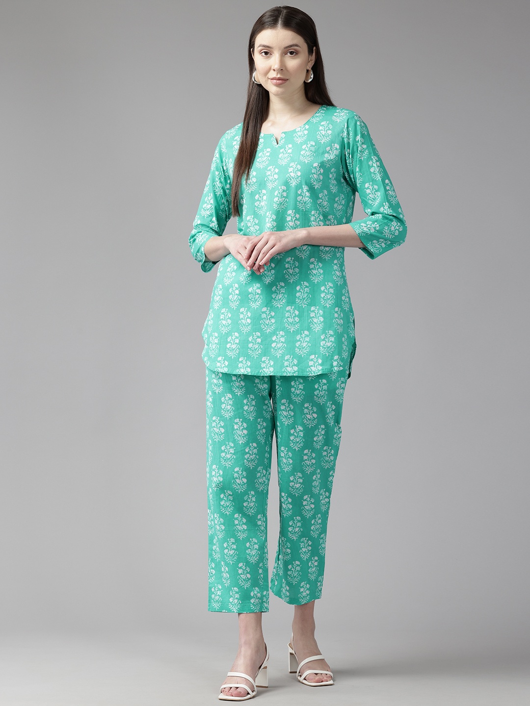 

Cayman Floral Printed Pure Cotton Co-Ords, Green