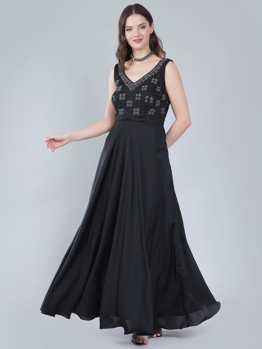 

Laalzari Embellished V-Neck Sleeveless Satin Maxi Dress, Black