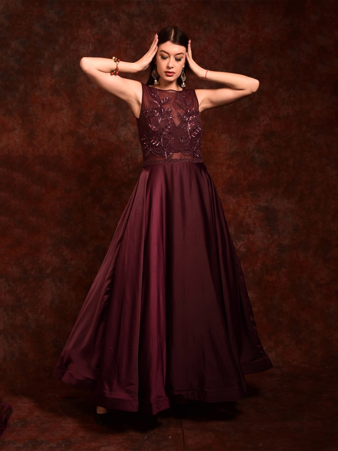 

Laalzari Floral Embroidered Satin Maxi Dress, Maroon