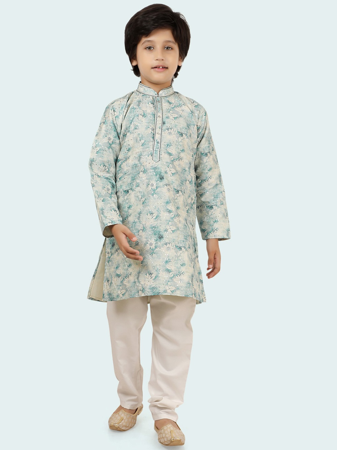 

Ethniks Neu-Ron Boys Floral Printed Regular Sequinned Straight Kurta with Pyjamas, Sea green